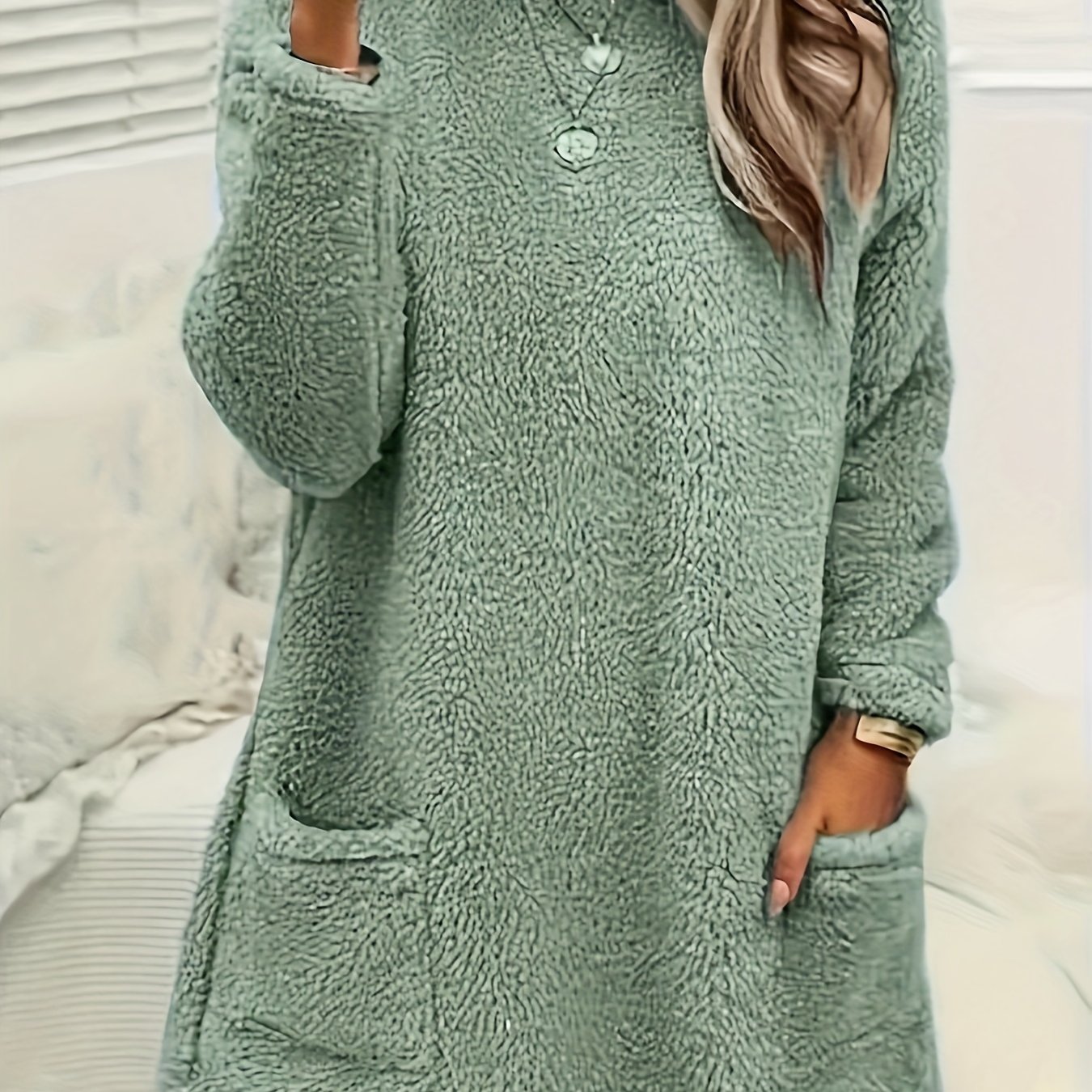 Cozy Teddy Fleece Long-sleeve Pullover With Pockets - Warm, Thick Plush Loungewear For Women, Machine Washable
