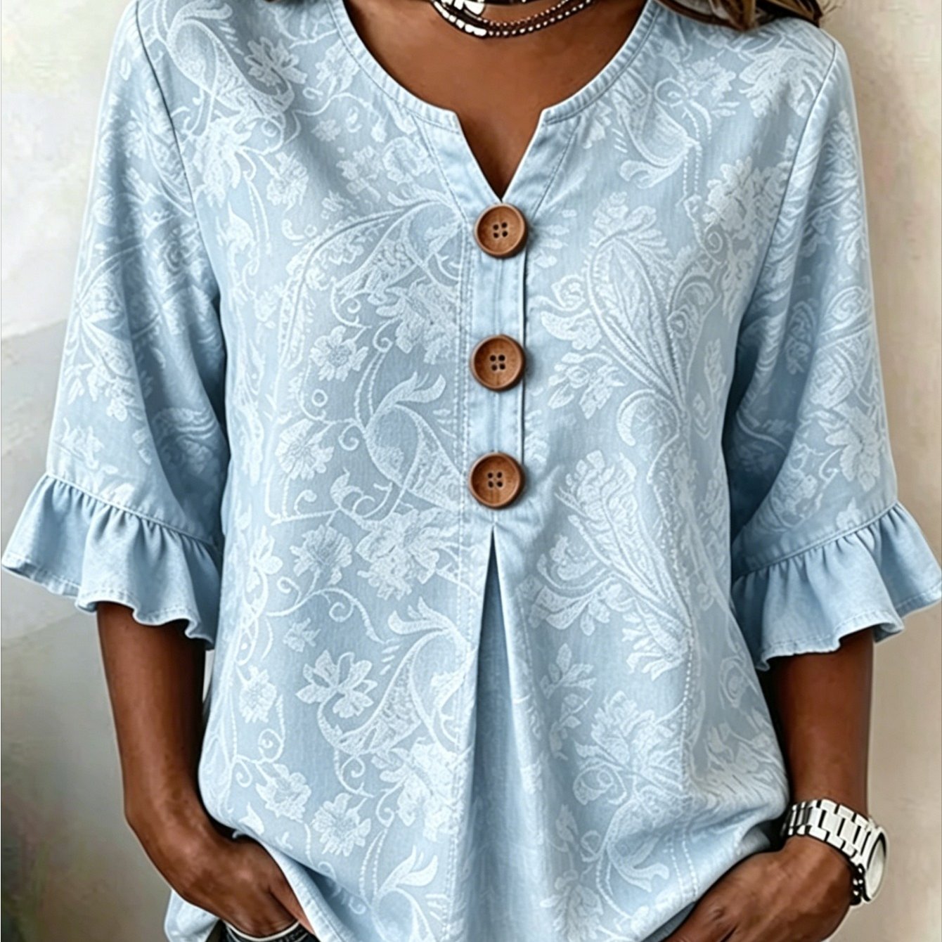 Image of Plus Size, Plus Size Women's V-neck Button Style Geometric Printed -sleeve Shirt For Casual Summer Wear, Perfect Gift For Mom, Sister Or Friend