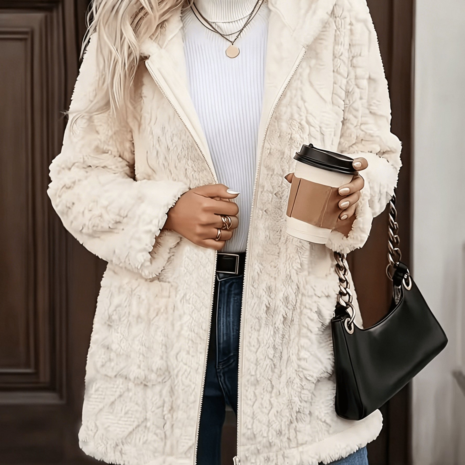TEMU 2026 Autumn/winter Women' Color Jacquard Texture Plush Jacket, Hooded Zipper Jacket, Teddy Bear Plush Mid-length Outerwear, Women's Elegant ,