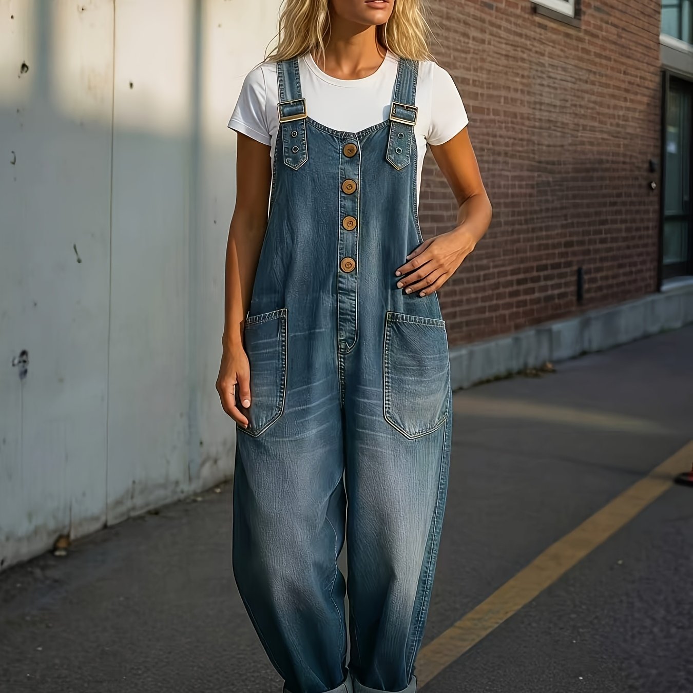 TEMU Women' Color Denim Jumpsuit - High Waist Harem Overalls With Adjustable Straps & Front Button Closure, Breathable Non-stretch Suitable For Daily