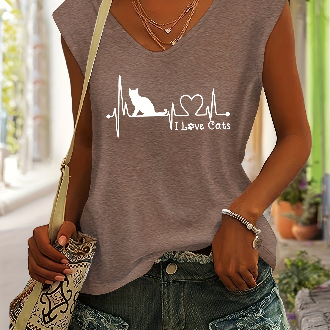 TEMU Cat Heartbeat Line Abstract Art Print Women's Spring/summer Top, Daily Comfortable Simple Casual Fashion Versatile Vest-style Colored V-neck