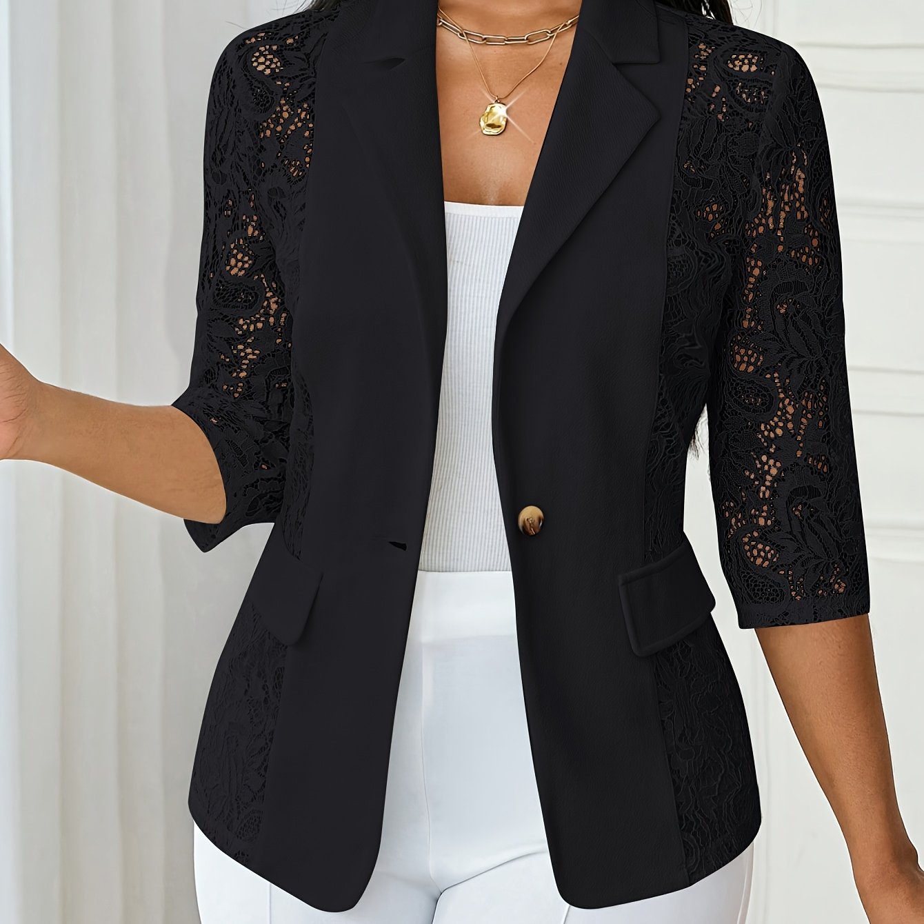 TEMU Elegant Women' Suit Jacket With Black Lace Trim - Three-quarter Sleeve, Single-breasted, Polyester, Formal & Business Attire, Formal Attire