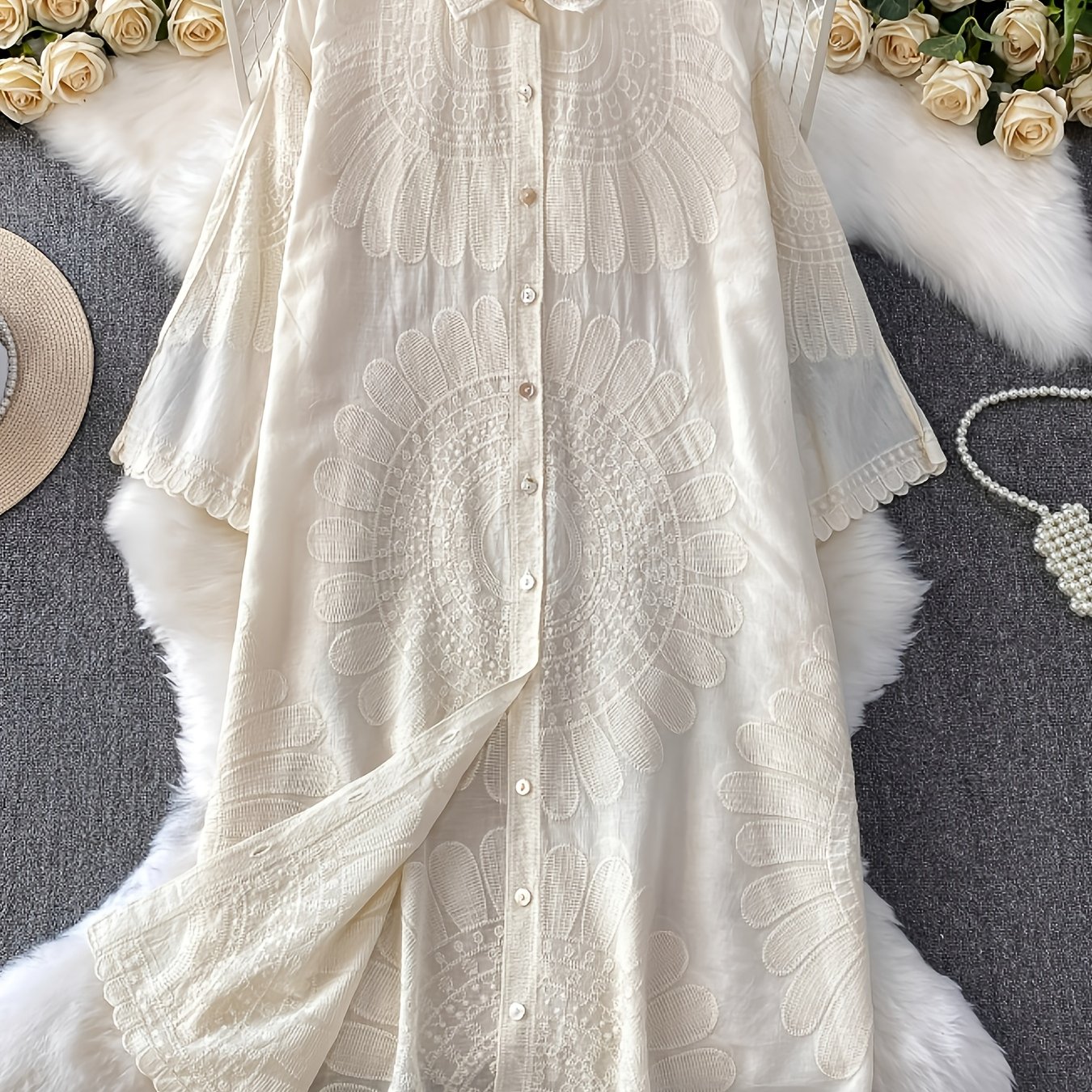 Image of Plus Size - Literary Retro Floral Embroidered Shirt, Beige Chinese-style Blouse For Vacation, Elegant Lace Collar Top For Spring Summer
