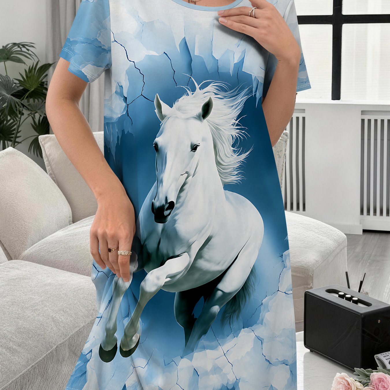 TEMU Halloween Women's Nightgown With , Sea Of Clouds And White Horse Print, Comfortable For Indoor Wear, Ladies' Nightwear, Elegant Women's Clothing