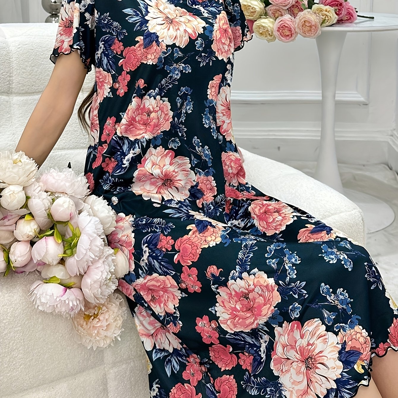 TEMU Casual And Print Fungus Edge Short Sleeved T-shirt Skirt For Women's Nightgown