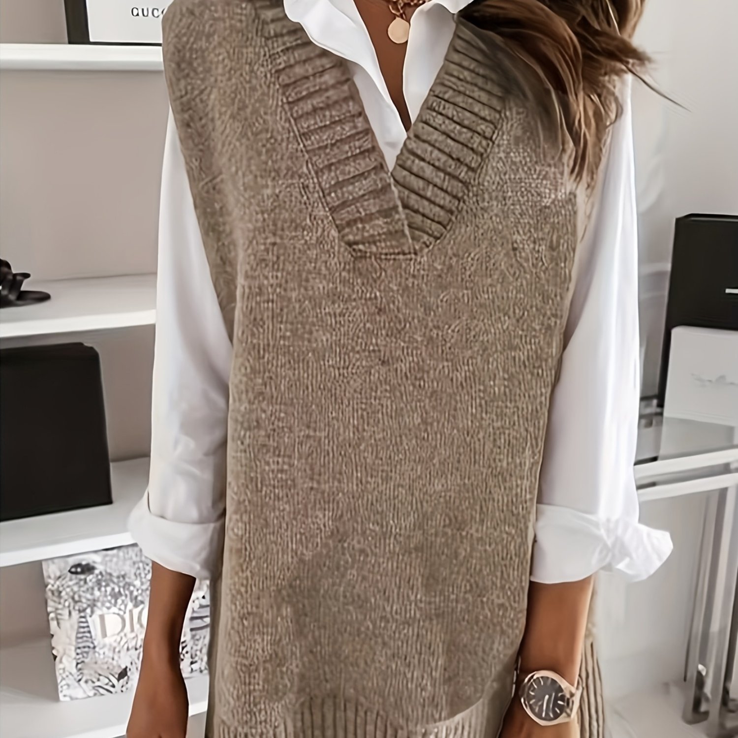 TEMU Gilet de pull directionnel uni à col en V, style décontracté et , gilet de printemps-été pour femmes, superposable