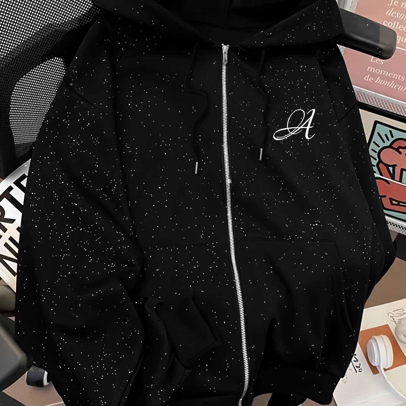 TEMU D133- Women's Autumn And Winter Hooded Zipper Sprinkled Fabric Sweatshirt, Fashionable Trendy Letter A Pattern Print, Loose Drawstring Hooded