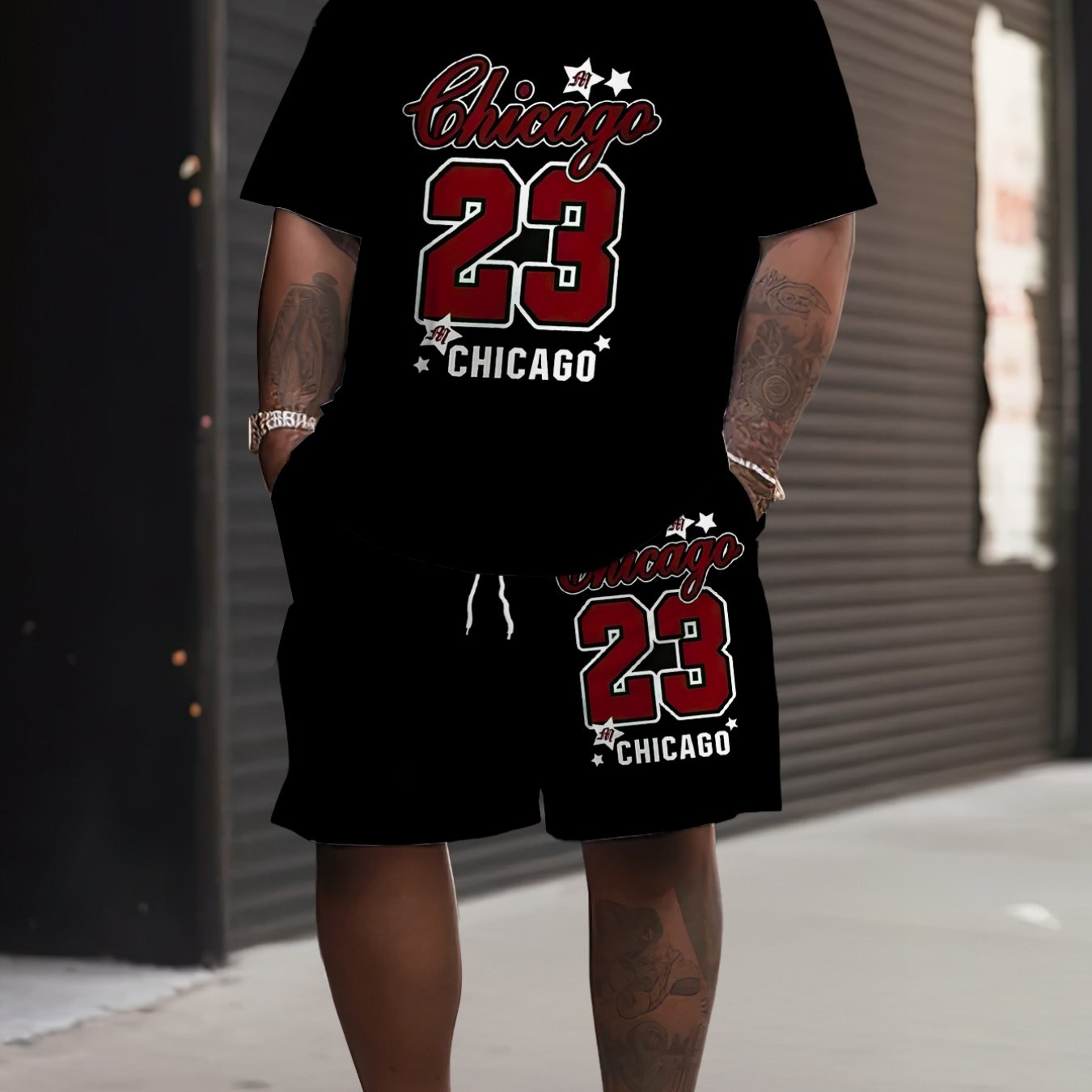 TEMU Men's Plus Size T Shirt Set 2pcs Short Sleeve Crew Neck Printed Loose Casual Sports Basketball Chicago 23 Shorts Summer Breathable 2pcs Outfit