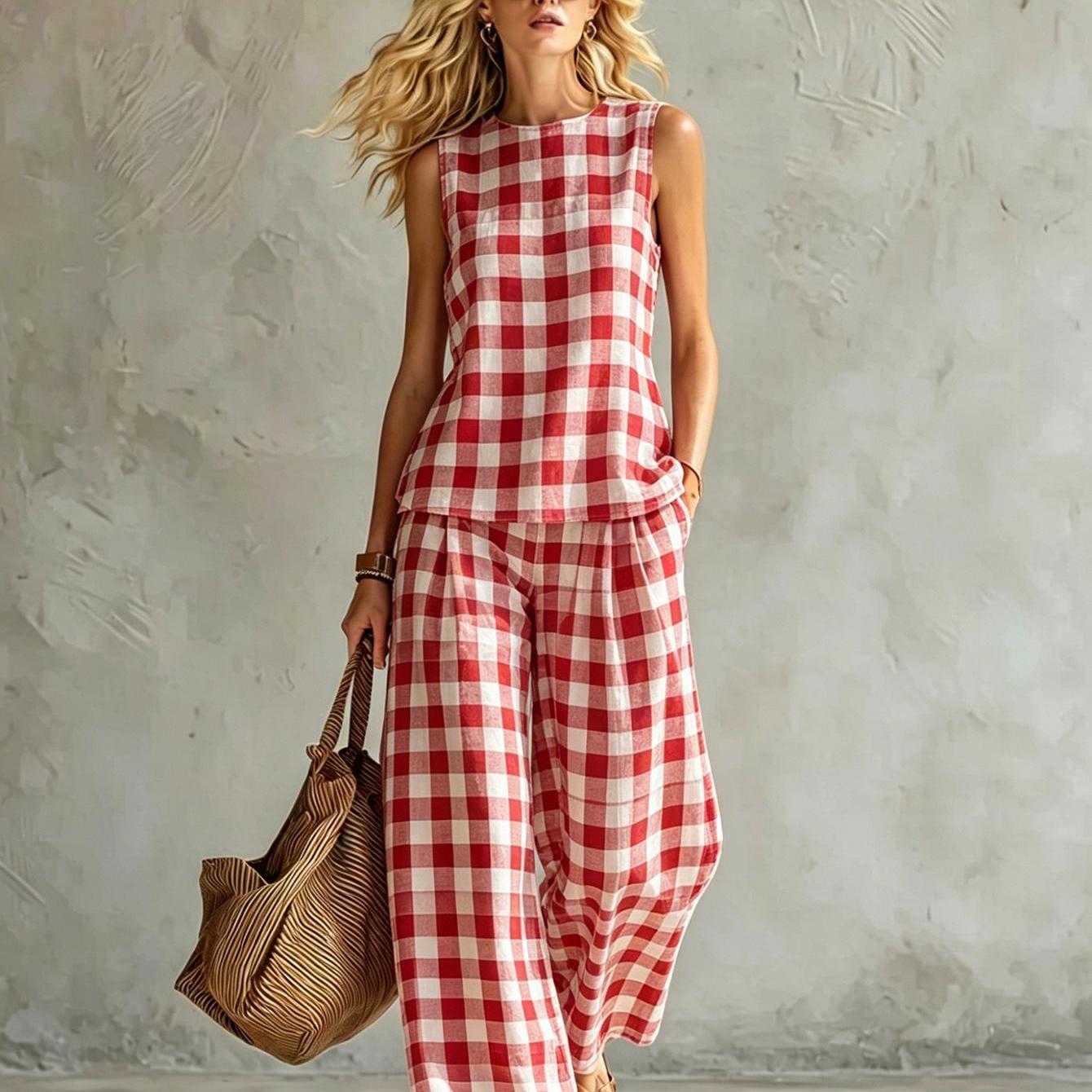 Image of New Women's Summer Clothing: Top + Pants Set Red White Gingham Check Summer Women's Vest Set Casual Wear Machine Washable Fiber Simple And Two-piece Set 2d Flat Printing Summer