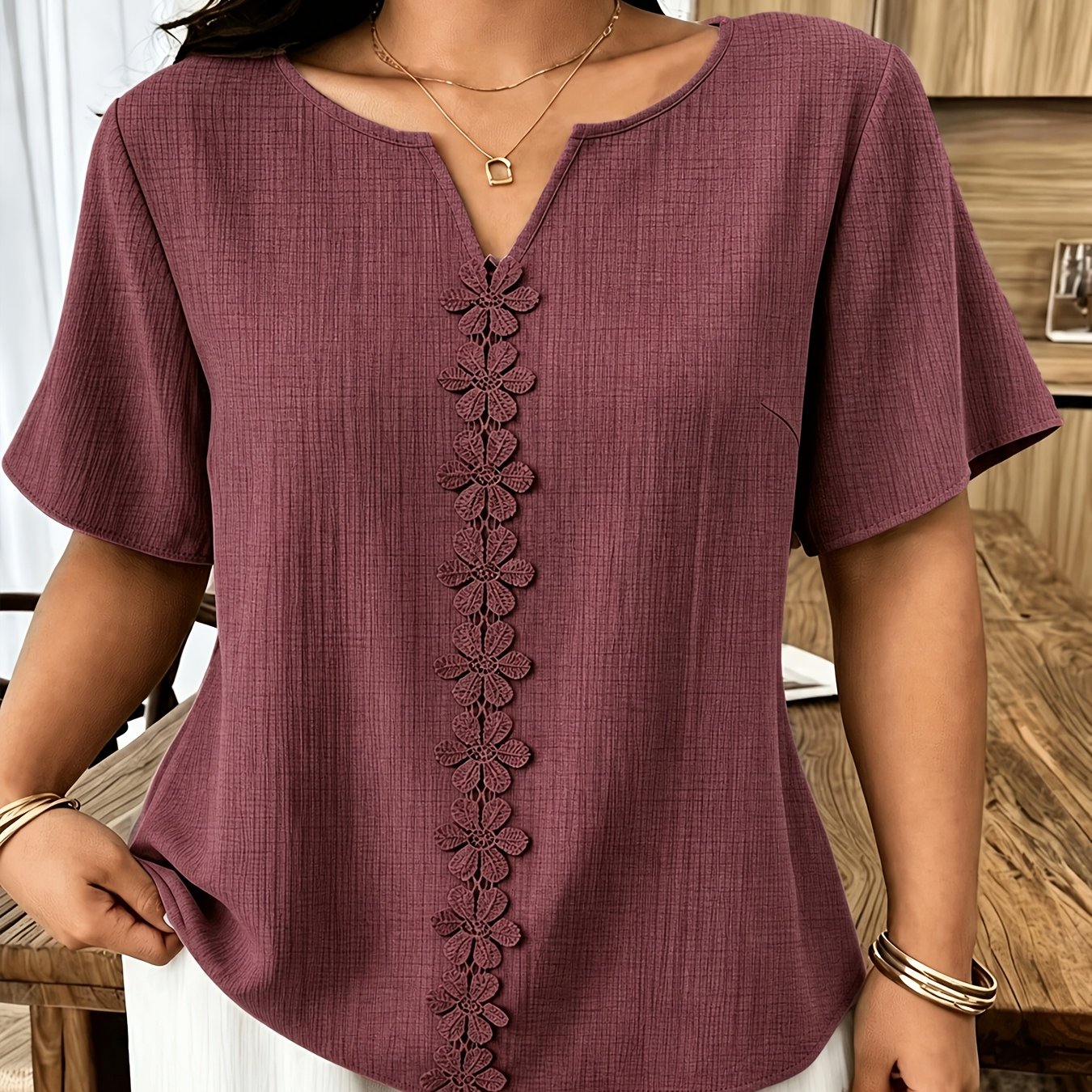 TEMU Solid Color Comfortable Skin-friendly Notch V-neck Short Sleeve Casual Daily Vacation Fashion Casual Trendy Lazy Loose All-match Women's Top