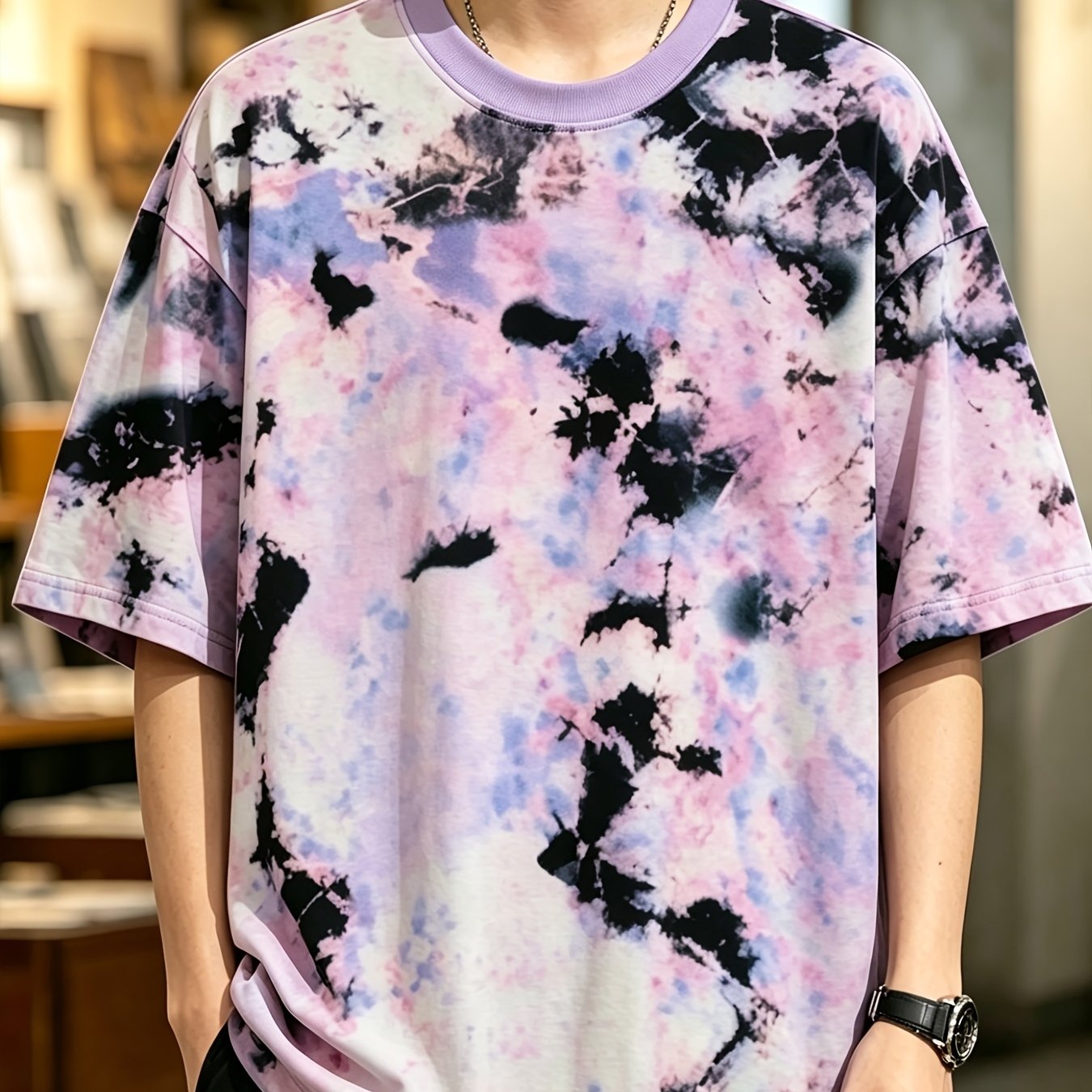 TEMU Men's Plus Size Pink-purple Ink Wash Tie-dye T-shirt - Loose Neck Short Sleeve Casual Streetwear Top With Ombre Gradient Blending Suitable For