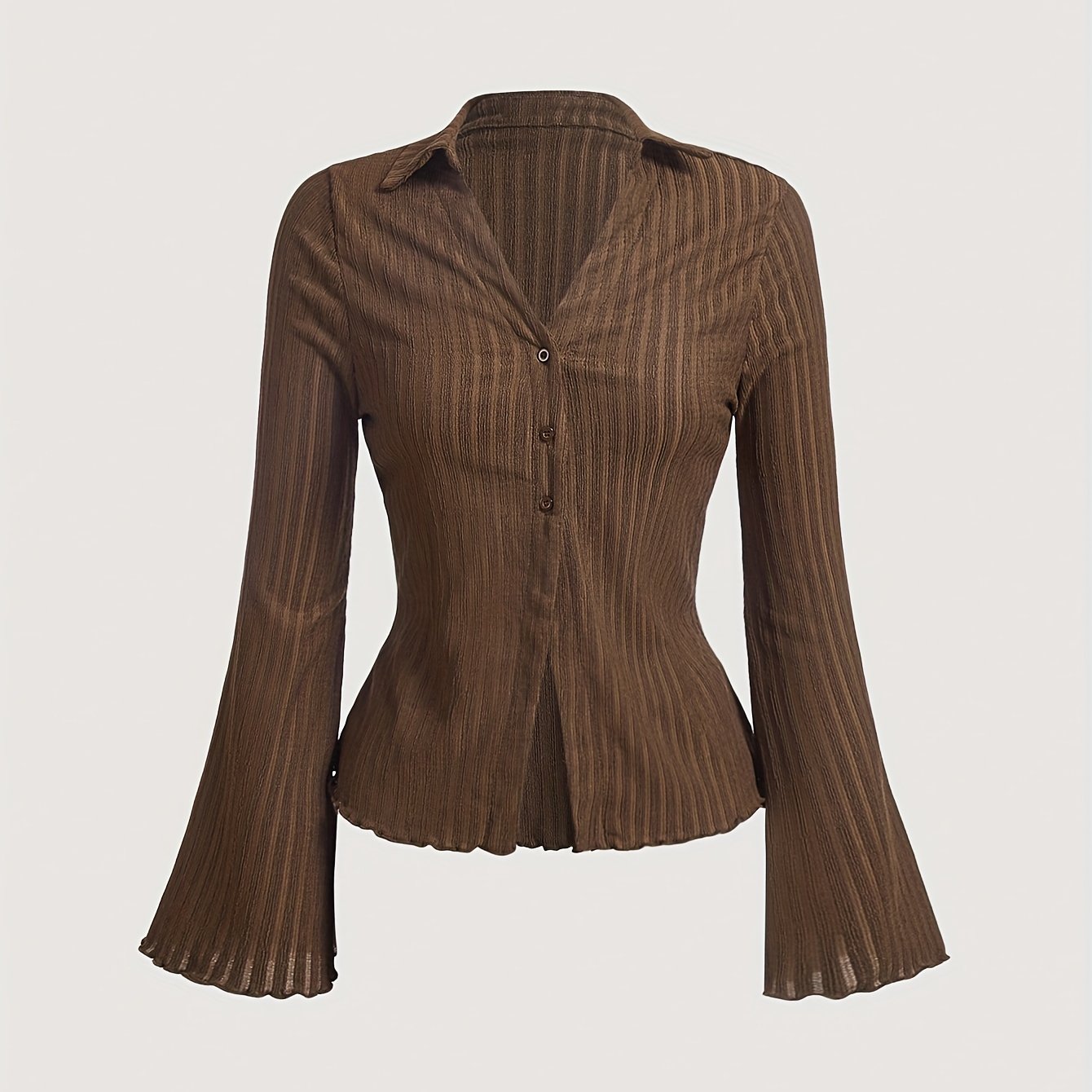 TEMU Brown Button-front Long-sleeve T-shirt With Ruffle Sleeve Detail And Scalloped Hem, Women's Shirt