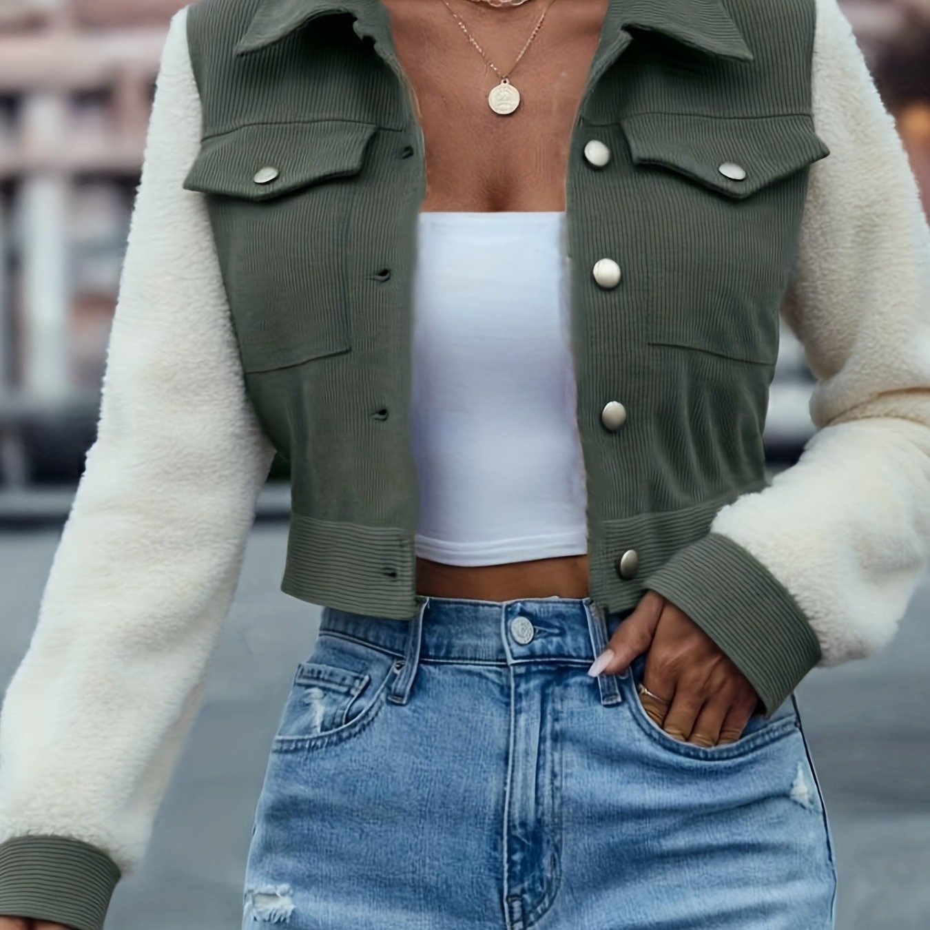 Image of Spring Women's Clothing, Women's Casual Tops, Women's Corduroy Color-block Casual Jackets, Women's Leisure Sports Jackets