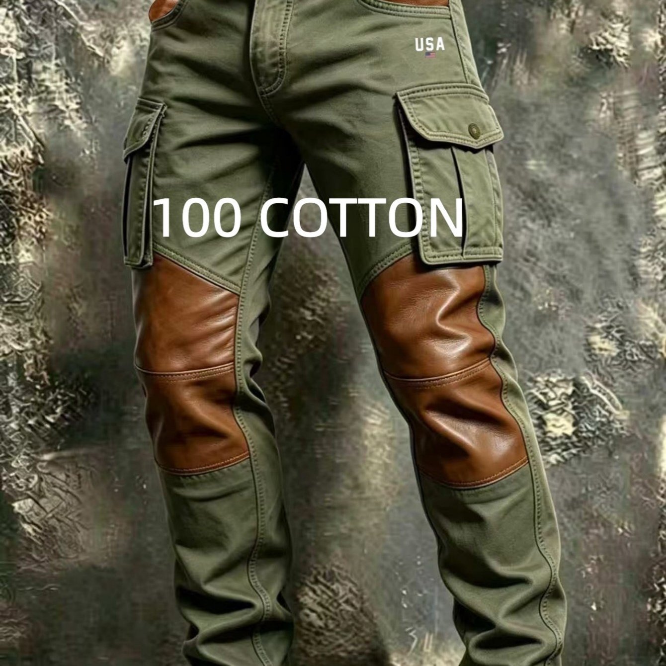 Trendy Washed Pure Cotton Patch Utility Cargo Pants Men Belt Loops Fashion Streetwear Straight Trousers