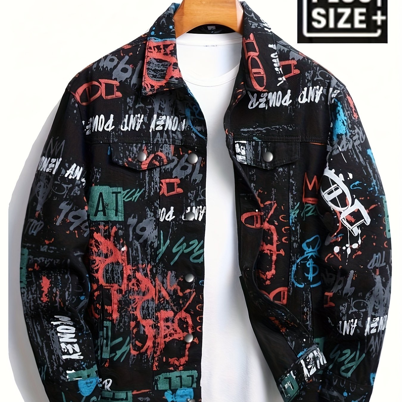 Image of Hme Men's Plus-size Streetwear Denim Jacket | Trendy Graphic Prints, 3d Tailored Relaxed Fit, Non-stretch Breathable Machine-washable Fabric, Classic 4-, Button-front Closure, , Plus Size