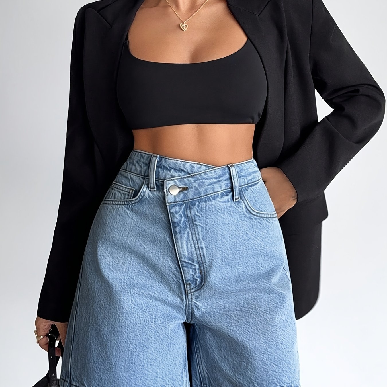 Denim Shorts Cross Waist Asymmetrical High Waisted Mid-stretch For Women Summer Casual Light Blue