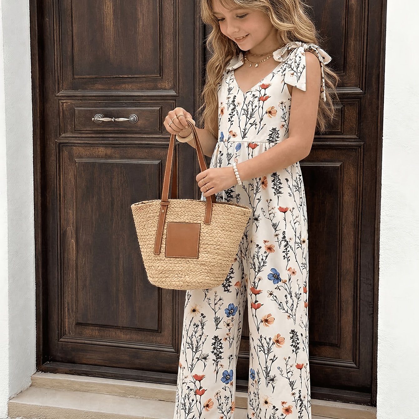 Image of Girls' Summer Casual Floral Sleeveless Jumpsuit, Bow Detail Elegant Overalls, Straight Wide-leg Jumpsuit, Suitable For Daily Wear, For Outdoor