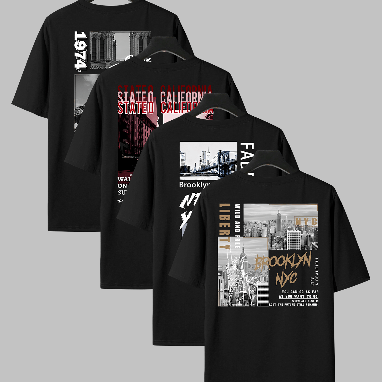 TEMU 4pcs Men's Hip Hop Graphic Print T-shirts - Casual Crew Neck, Short Sleeve Tees With Nyc & Brooklyn , White, , Casual Wear|urban Fashion|graphic