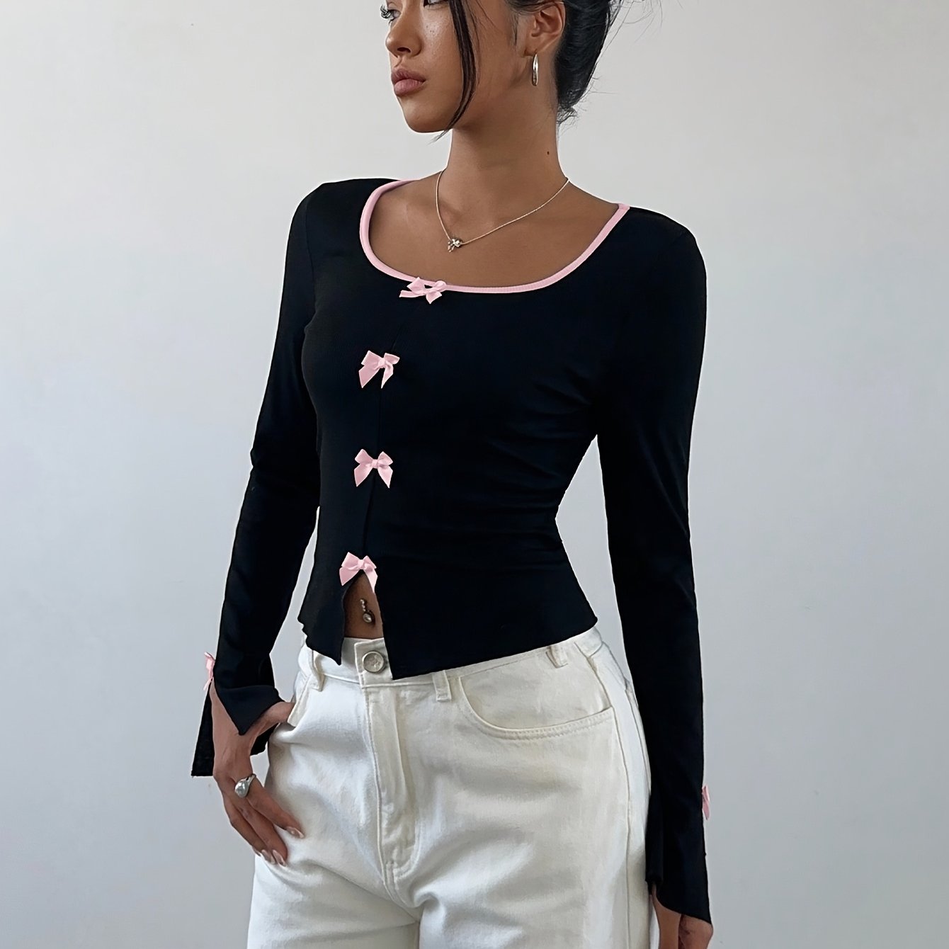 TEMU Women' Neck Long Sleeve Top With Cute Bow