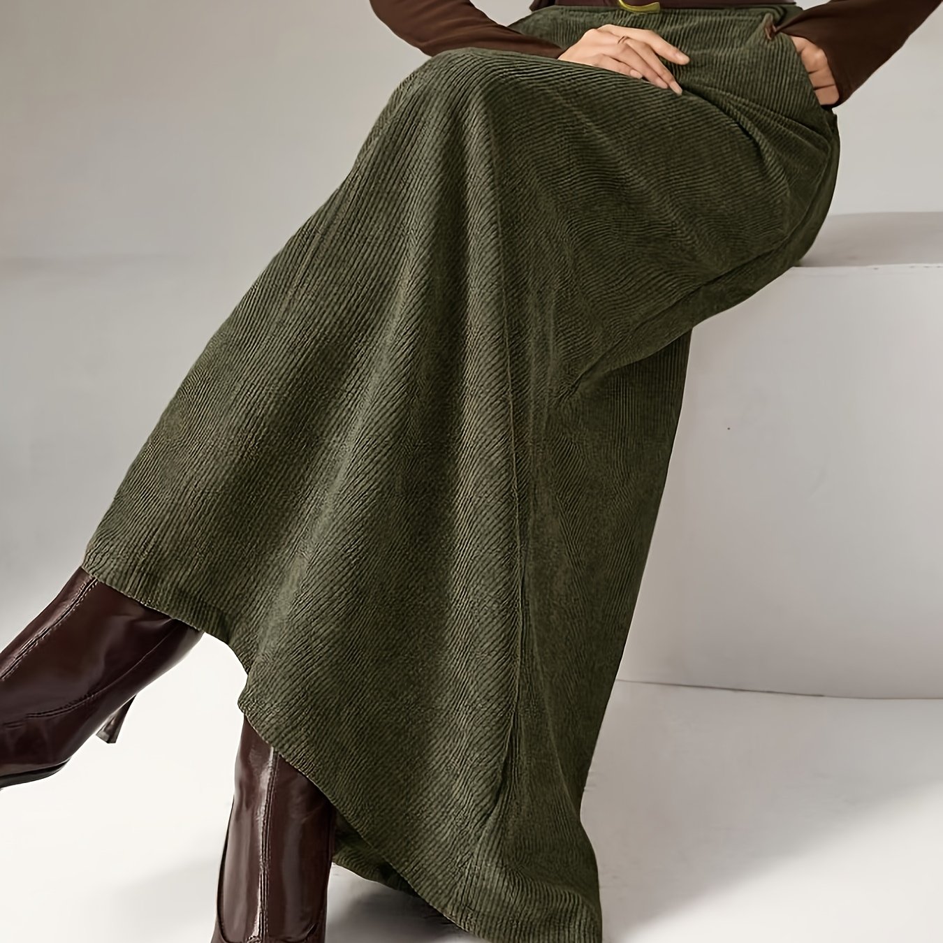 TEMU Women's Skirt, Corduroy Fabric, With Pockets And Zipper, Belt Included, Early Autumn New Style, , Niannian