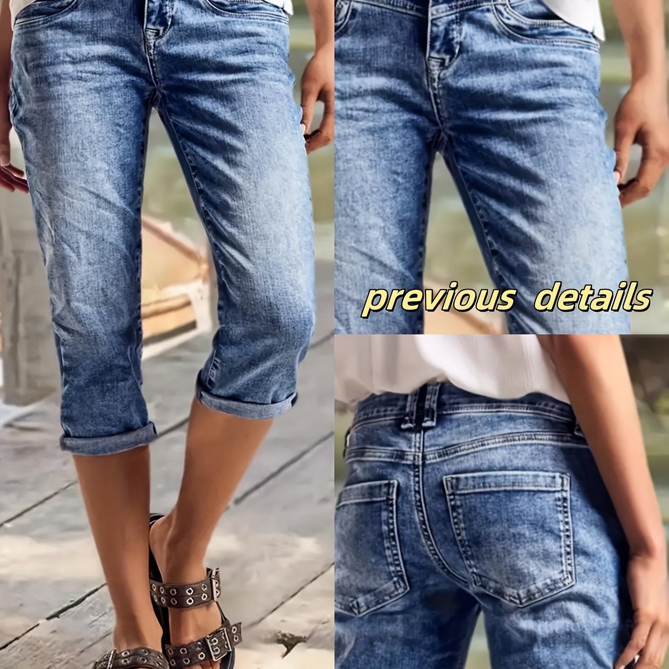 Elastic Mid-length Pants With Front Panel Stitching. Heavy-duty, Snow-washed, Rolled-hem Fashion Jeans