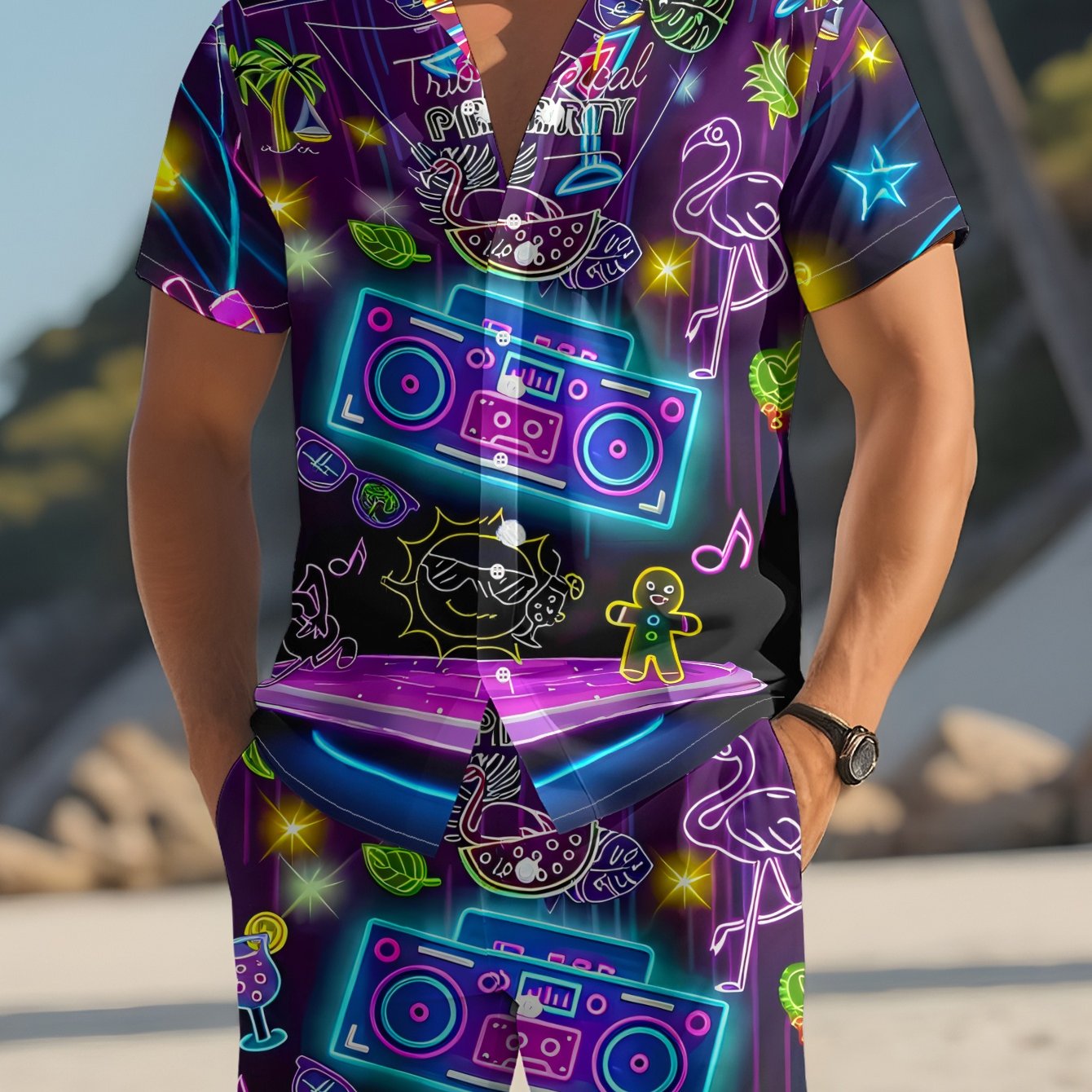 TEMU Men's Short Sleeve Shirt And Shorts Set Summer Trendy Neon Pattern Casual Print