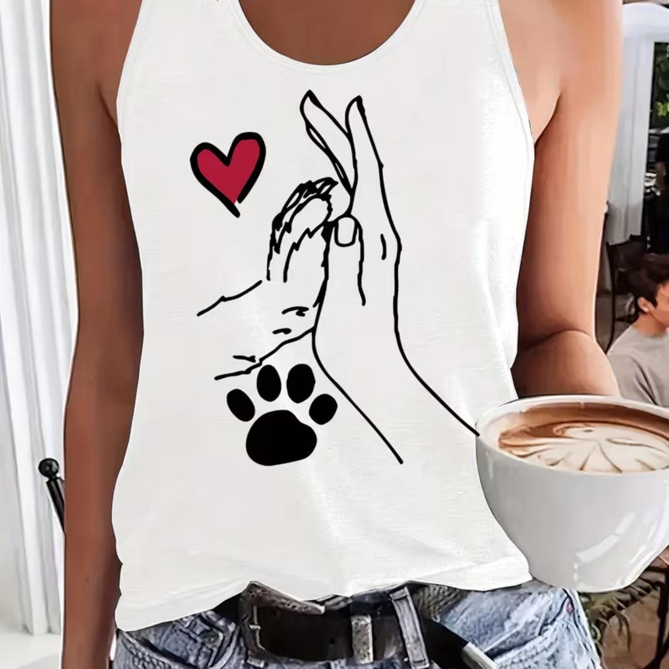 TEMU Women's Dog Paw & Hand Print Sleeveless Tank Top - Heart Graphic Crew Neck Shirt, Soft Breathable Loose Fit Summer Blouse Tee Suitable For Daily