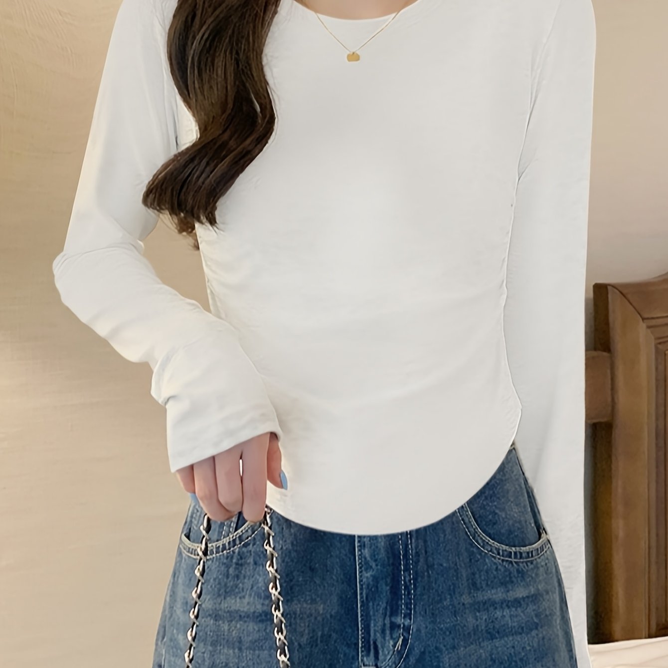 TEMU 2024 Autumn Fold Waist Waist Thread Small Round Neck Base Shirt Long Sleeve T-shirt Female Korean Version -fit Top