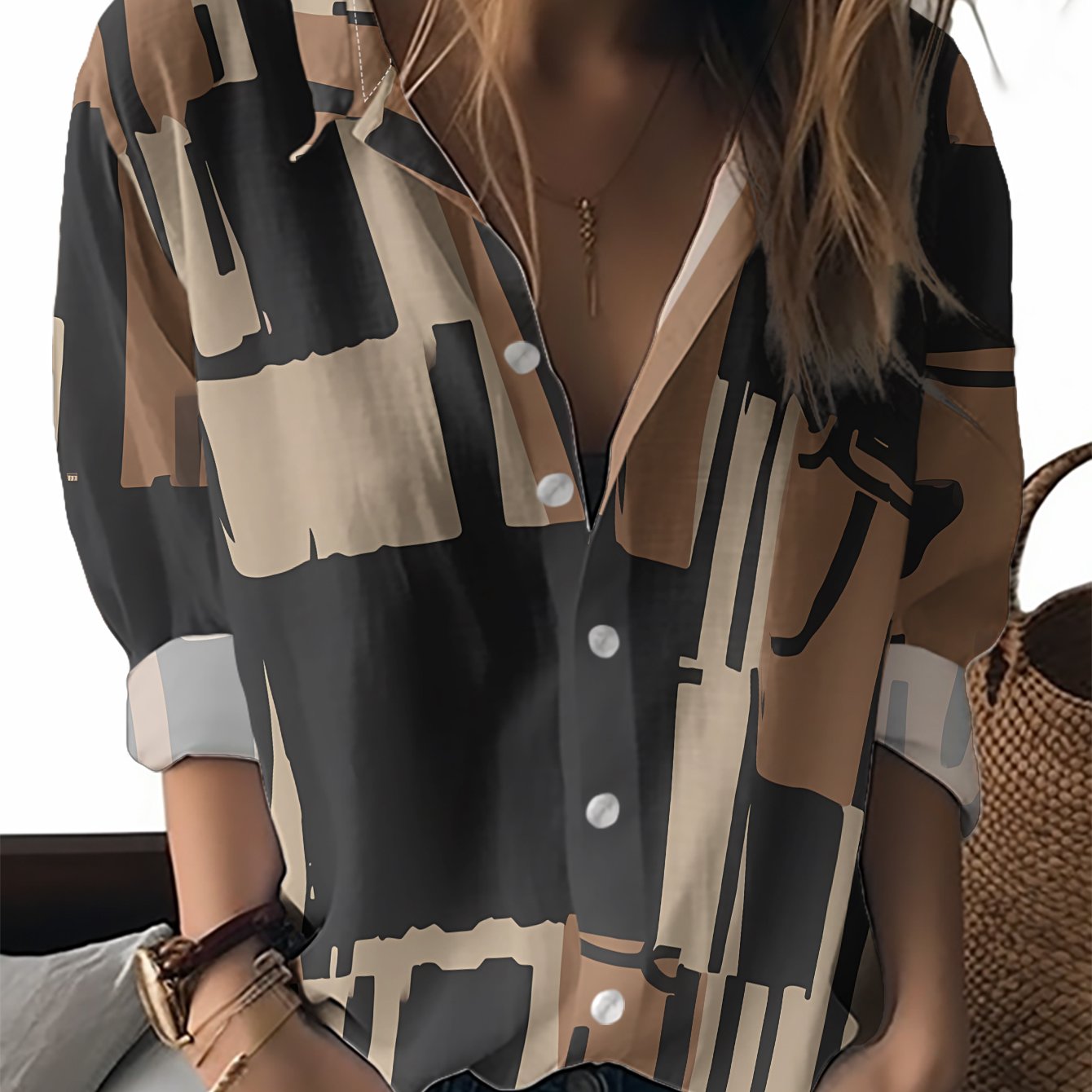 TEMU New Women's Long Sleeve Shirt, This Image Features Beige As Colors, Of Irregular And Line Patterns, Festive Gathering All-match Casual Top,