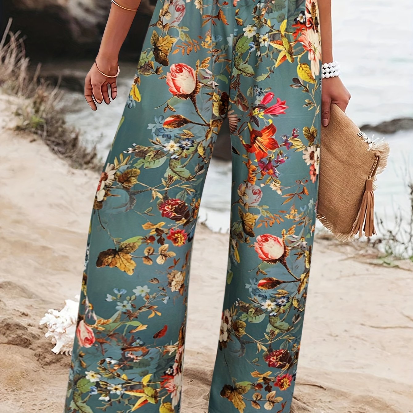 Kuva tulossa: TEMU Hose mit weitem Bein und Blumendruck, elegante Hose mit hoher Taille und vielseitigem Urlaubsstil für Frühling und Sommer, Damenbekleidung
