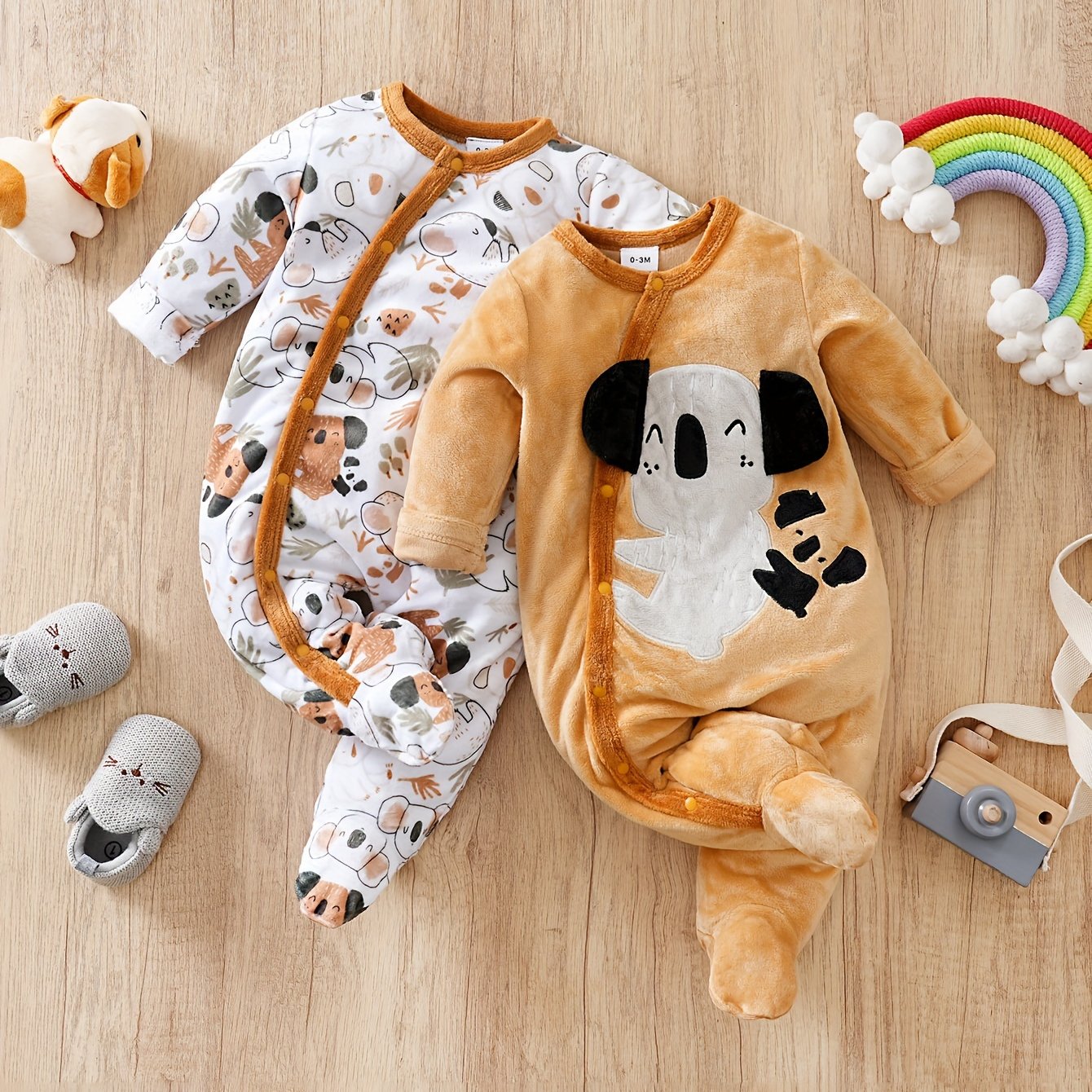 Image of Infant Two-piece Set Autumn And Winter Thickened Plush Printed Koala Ear Wrapped Foot Baby Jumpsuit, For Outdoor