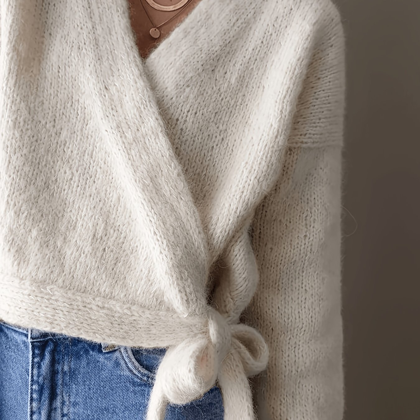 TEMU Cross V-Ausschnitt Top mit Bindegürtel für Damen, Lazy Soft Fleece Wrap-Style Kurzarm Pullover Oberbekleidung Wolle Pullover