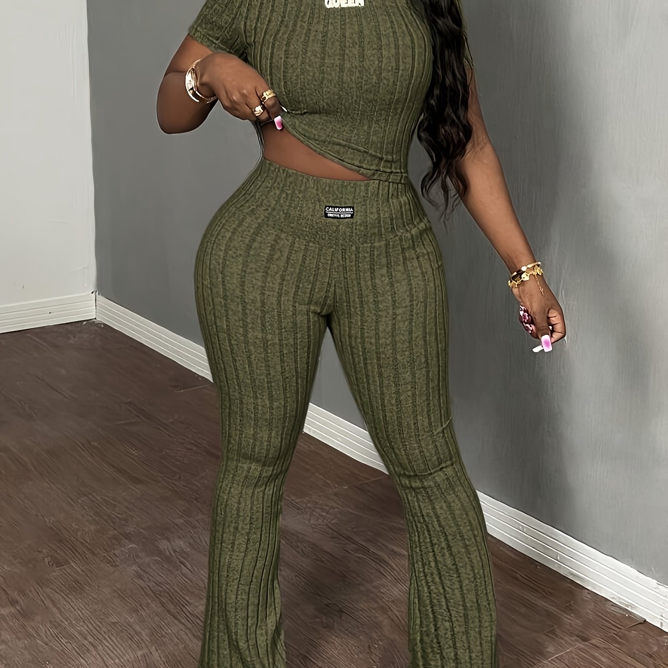 TEMU Women's Ribbed Solid Color Top And Wide-leg Pants Set