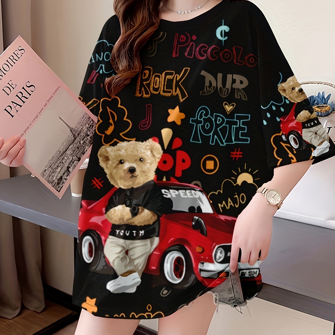 TEMU Summer New Large Size Loose Fashion Trend Slim Cartoon Round Neck Print Ladies Women's Medium And Long Short-sleeved T-shirt Clothes