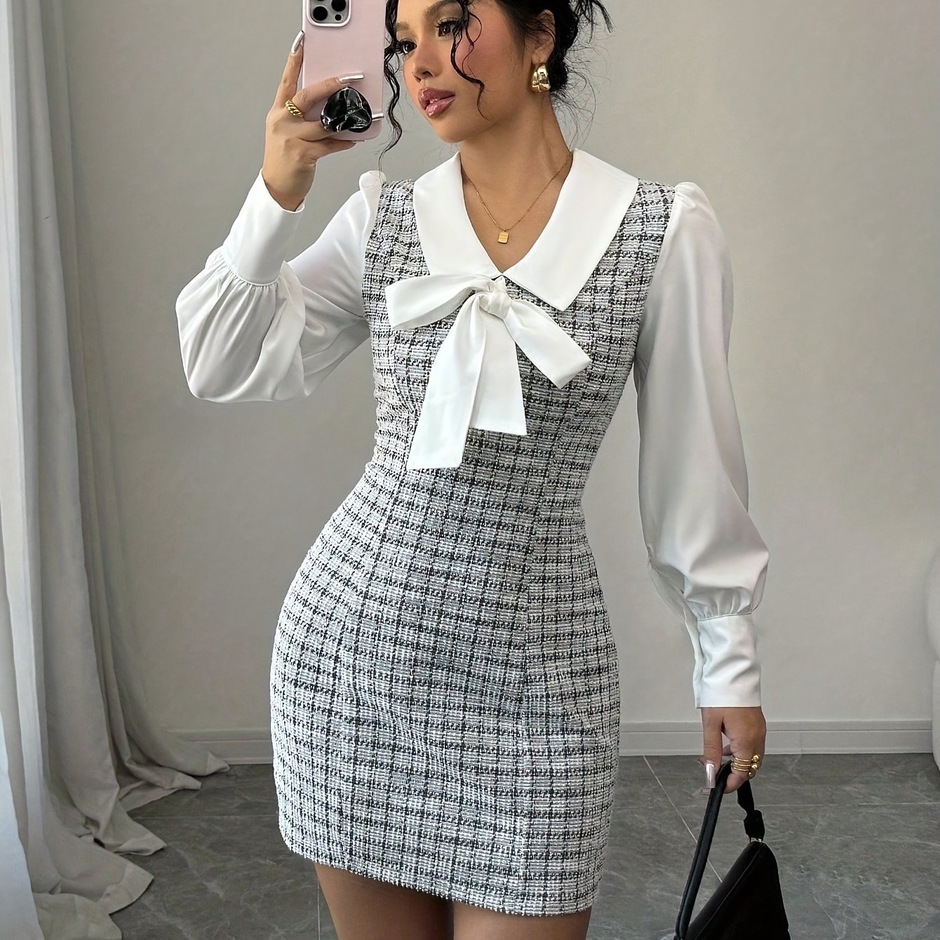 TEMU Ladies' Elegant Neckline Tie Bow Collar Dress