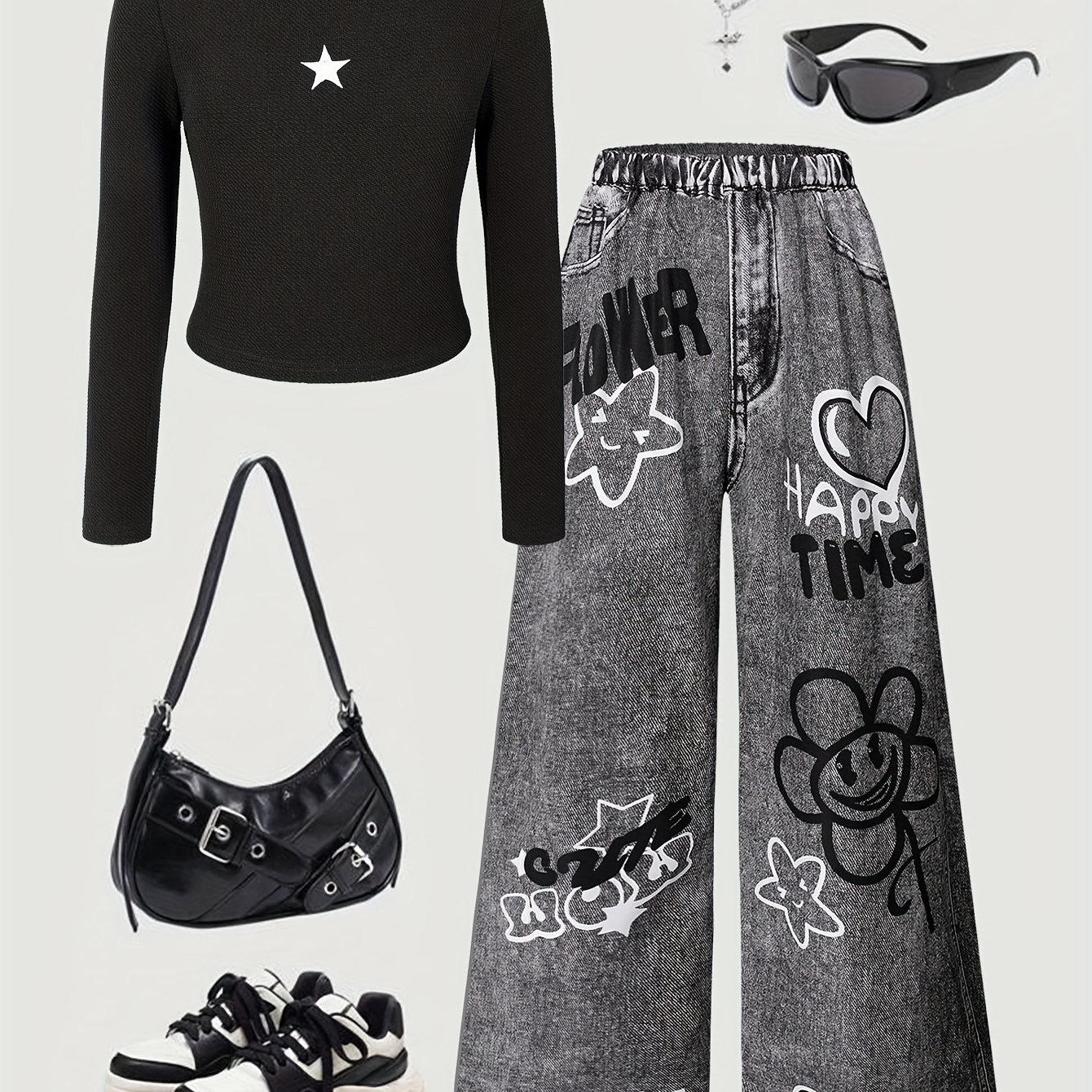 E-shop Mädchen Herbst Cartoon Stern Langarmshirt und Graffiti Lockere Denim Weite Bein Hosen Set, Frühling Winter Fließendes Lässiges Sportliches