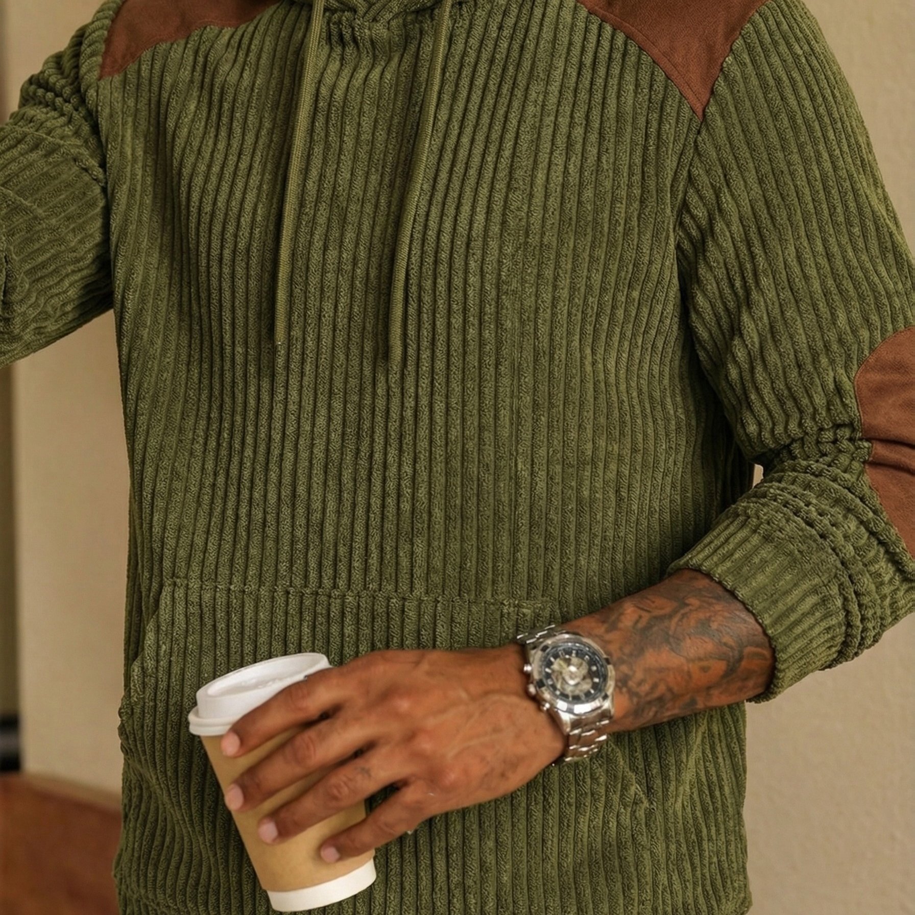 Royalboy Men's Fashion Casual Olive Green Ribbed Sweater, Olive Green Brown Design, Elegant Hooded Sweatshirt, Suitable For Daily Commuting And Social Occasions