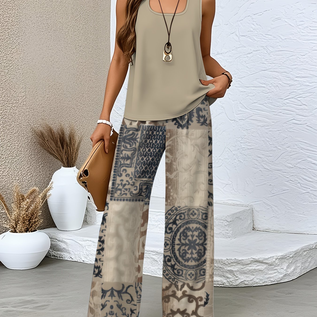 E-shop Eleganter bedruckter Damenanzug, schick und bequem, für Pendeln oder Urlaub - Weste mit eckigem Ausschnitt und Hose mit weitem Bein, dehnbar und