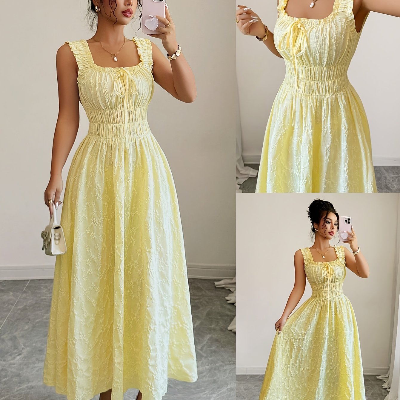 TEMU Neuer strukturierter Damen-Stoff mit Blumenmuster, Spaghettiträger mit Schleifen-Taillen-Design - Elegantes vielseitiges Damenkleid - Elegante