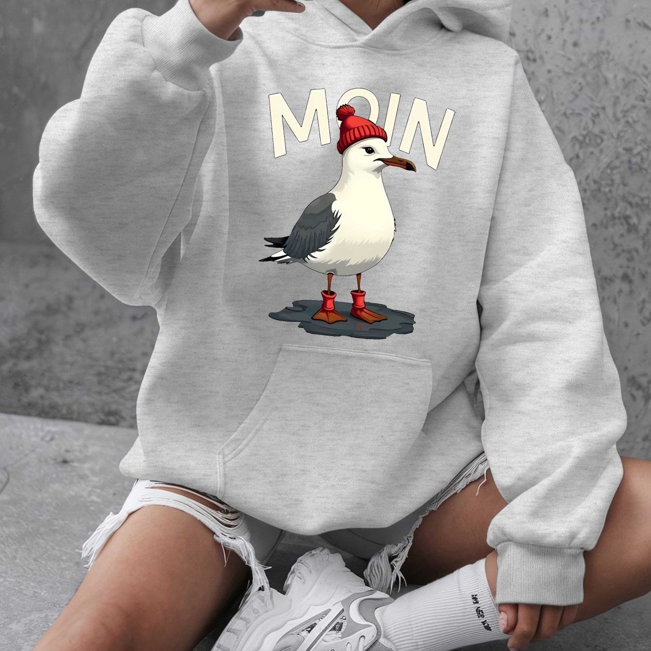 Image of Plus Size - Plus Size - Moin Plus Size Casual Sweatshirt Printed Hooded Pullover, Women's Autumn And Winter Casual Long-sleeved Sweatshirt, Plus Size Women's Tops And Clothing (with Pockets)