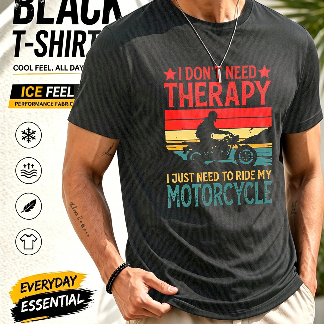 TEMU Motorcycle Retro Slogan "'t Need Therapy I To Ride " Printed Mesh T-shirt, Men's Biker/retro Style Short-sleeve Top