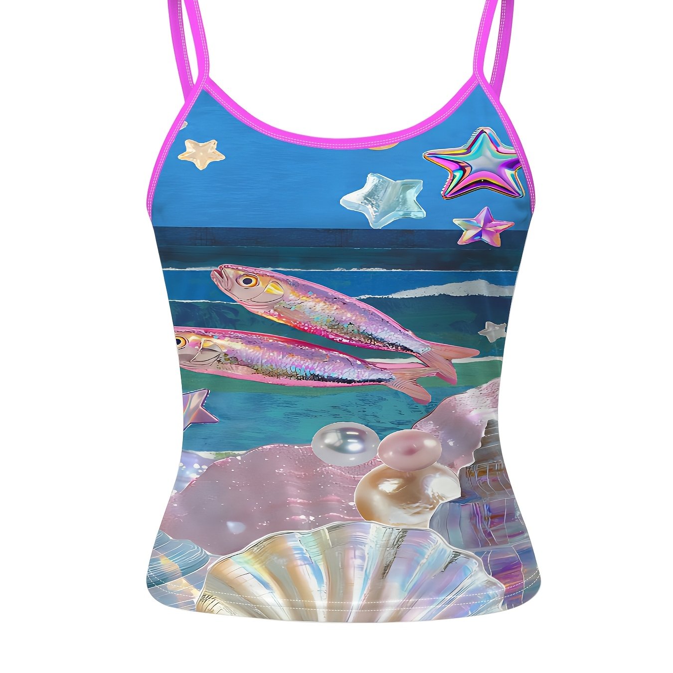 TEMU Printed Cami Top, Women's Summer Breathable Fashion Top, Starfish Shell Pattern Cool Short Cover-up