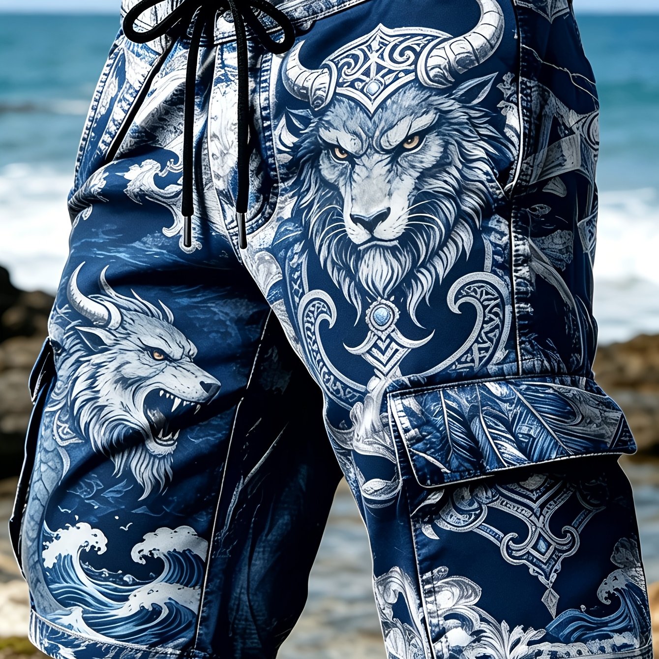 Single-piece Pants (no Belt) Not Denim Fabric Men's Trendy Streetwear Wolf Cargo Shorts - Full-print Horned Wolf And , Drawstring Waist, Multi-pocket, Lightweight Fabric, For Urban Summer Styling