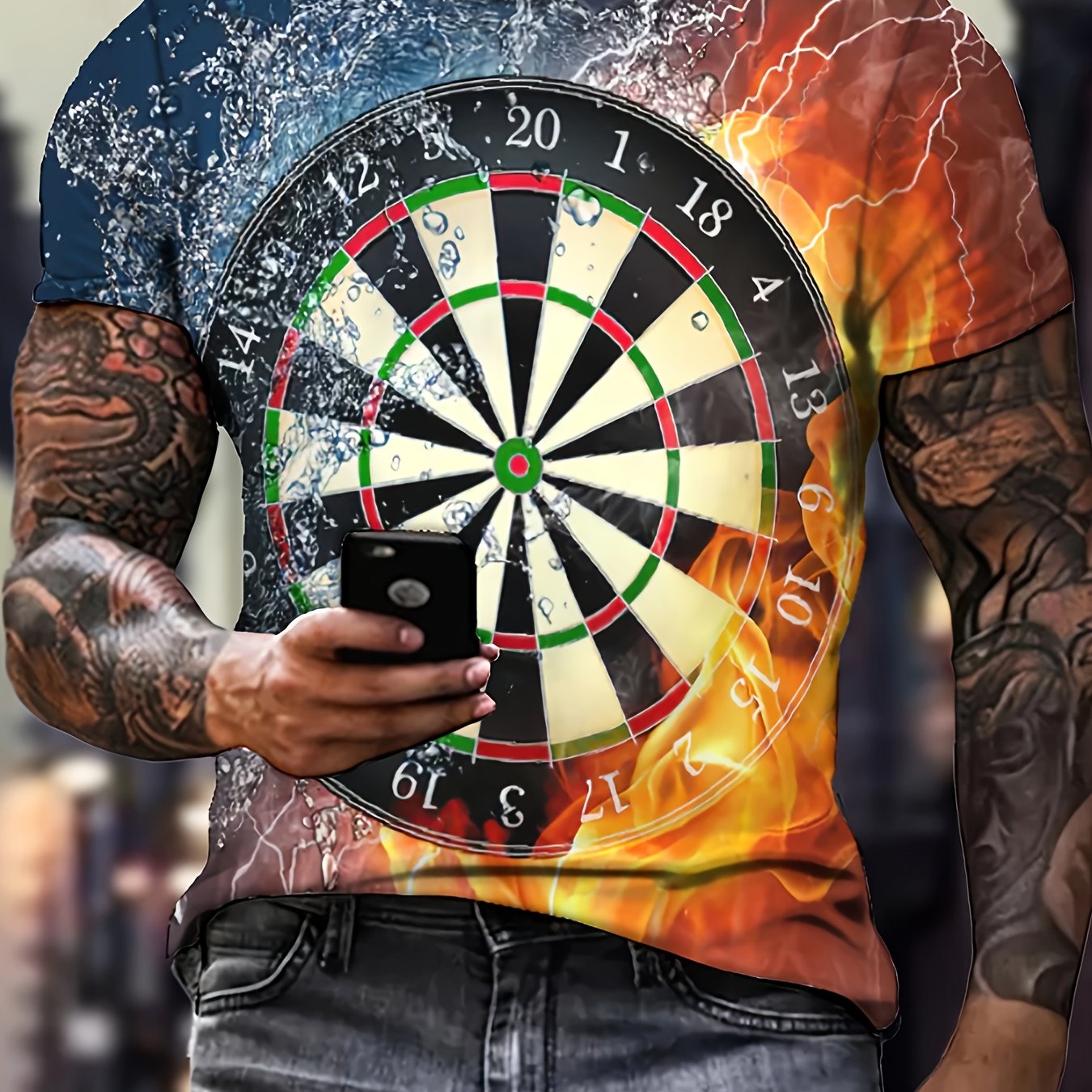 TEMU Men's Casual Dart Pattern Short Sleeve T-shirt - Vibrant Design, Breathable Summer Top, Round Neck Authentic Style For Daily And Social