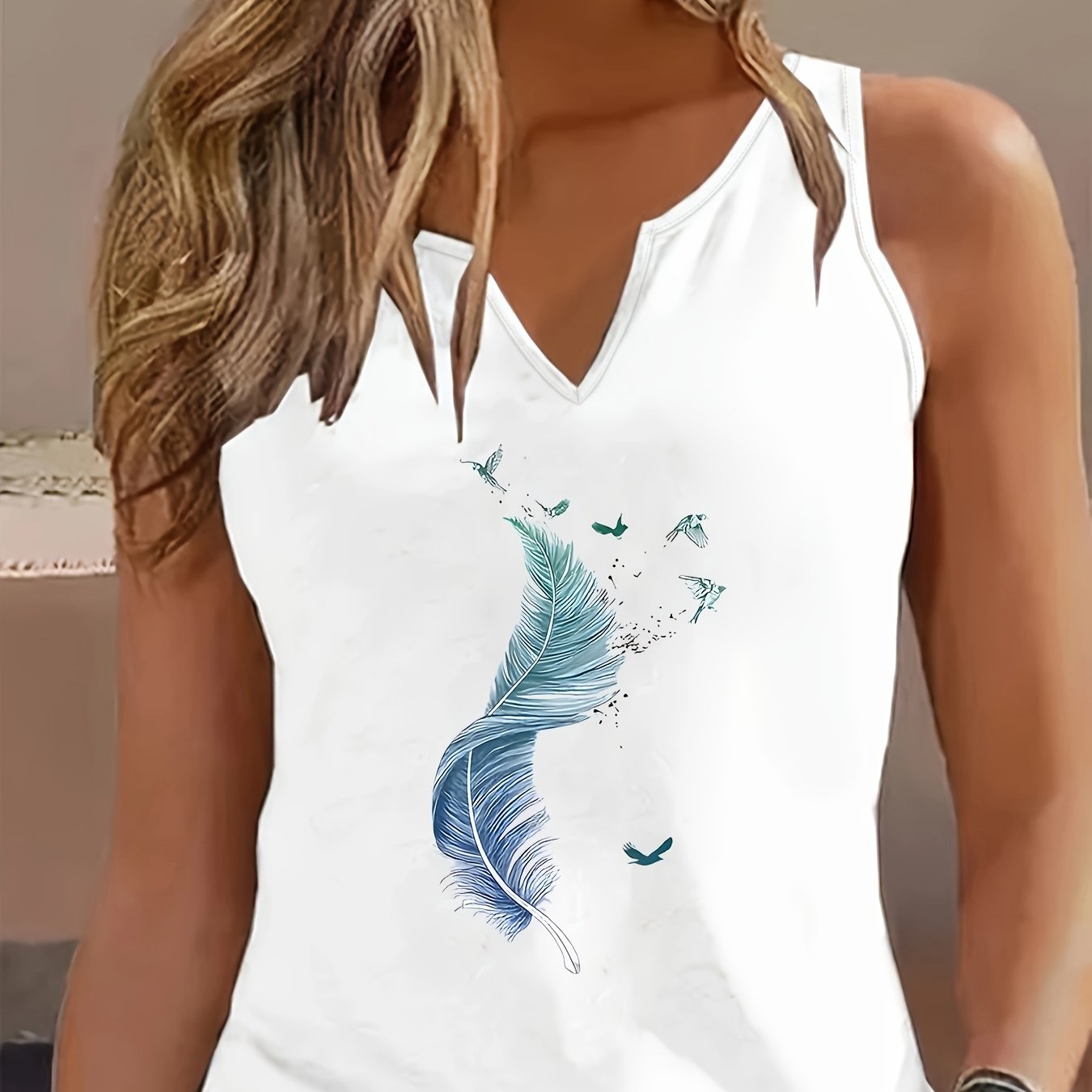 Image of Letter Print Tank Top, Sleeveless V Neck Casual Top For Summer And Spring, Women's Clothing