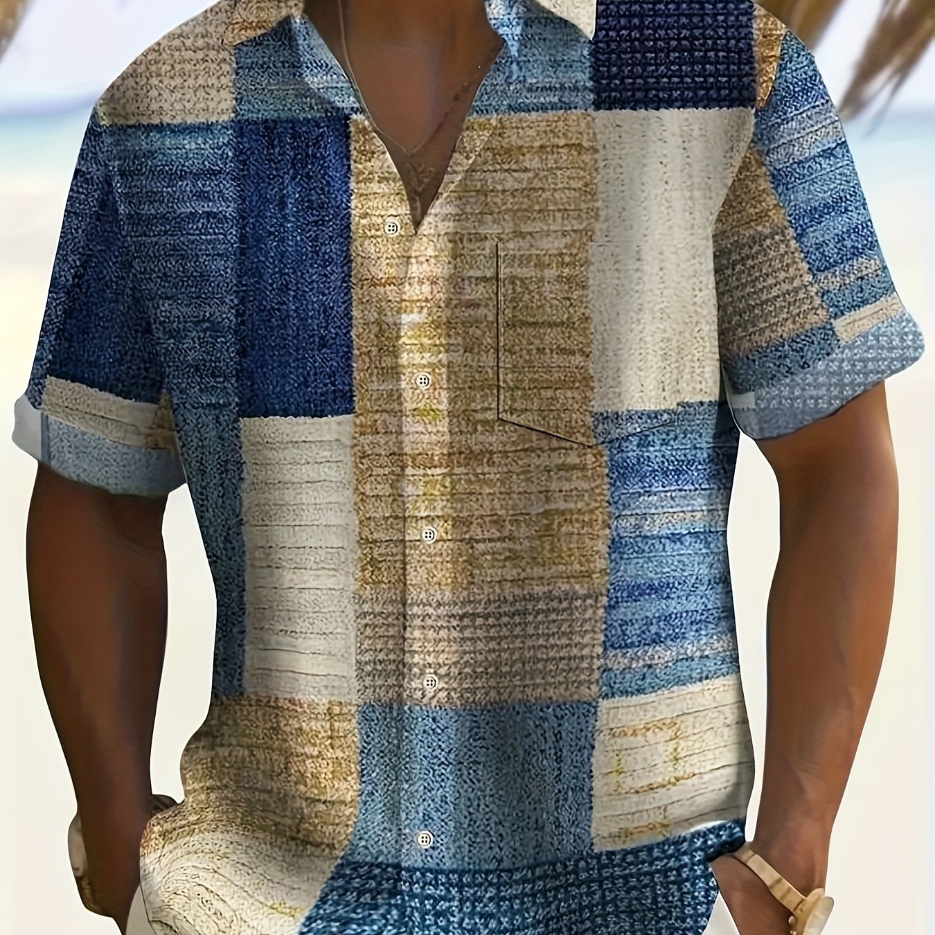 Image of Men's Oversized Short Sleeve Shirt With Contrasting Color Patterns, Perfect For Summer Street Style, Designed For Plus-size Individuals