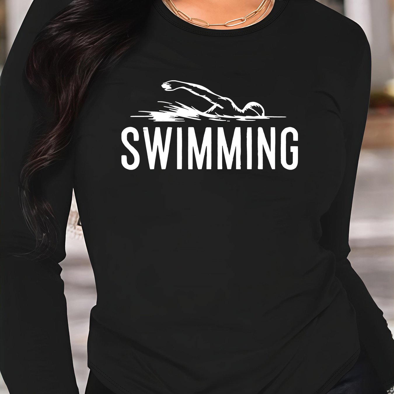 TEMU Plus Size, Plus Size Women's Oversized Round Neck Long Sleeve T-shirt - Suitable For Swimming & Poolside Wear, Layer With Swimmer Print, Stretch
