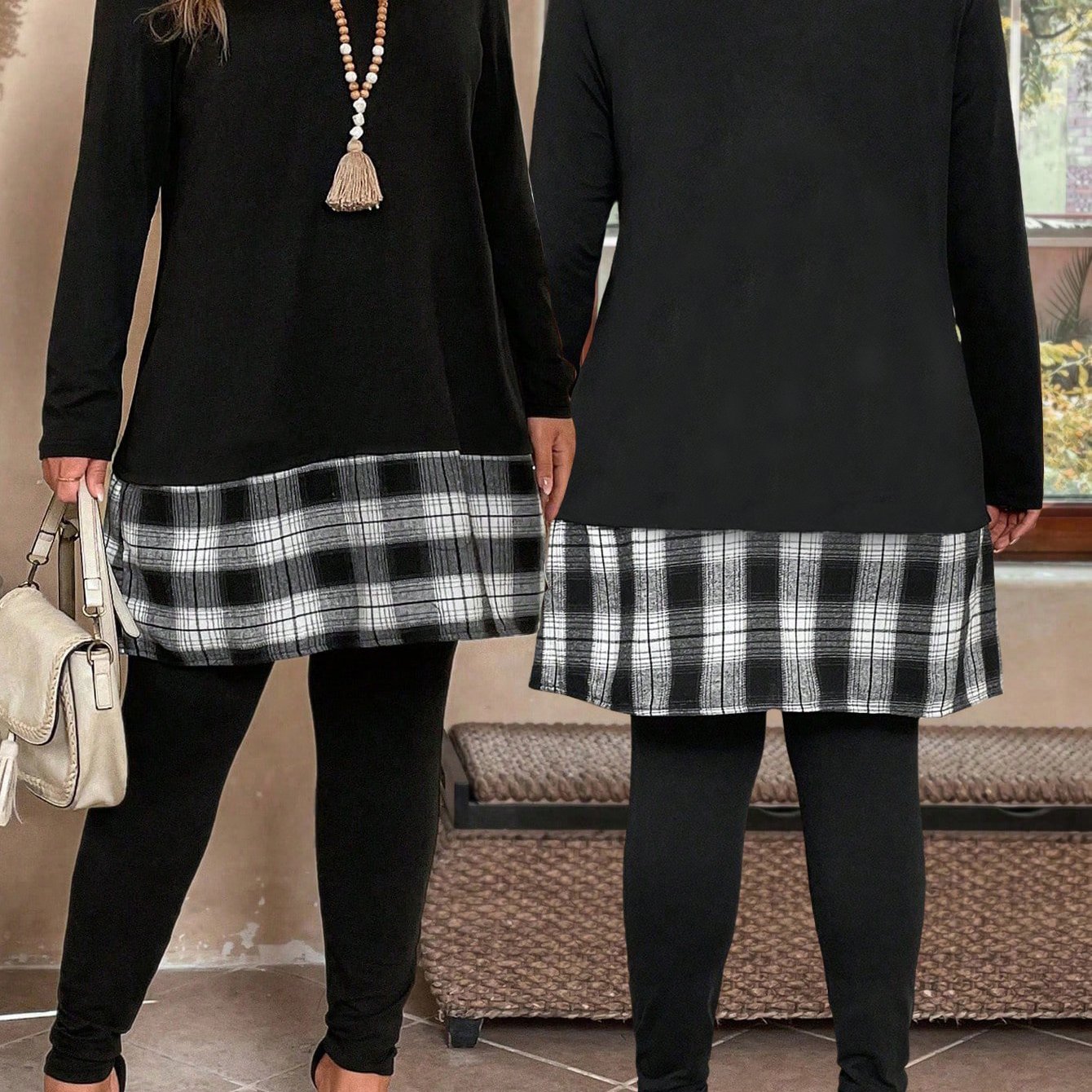 TEMU Plus Size, 2pcs Plus Size Women's Autumn/winter Set With Black Top And Pants, Casual Outfit For Spring And Fall