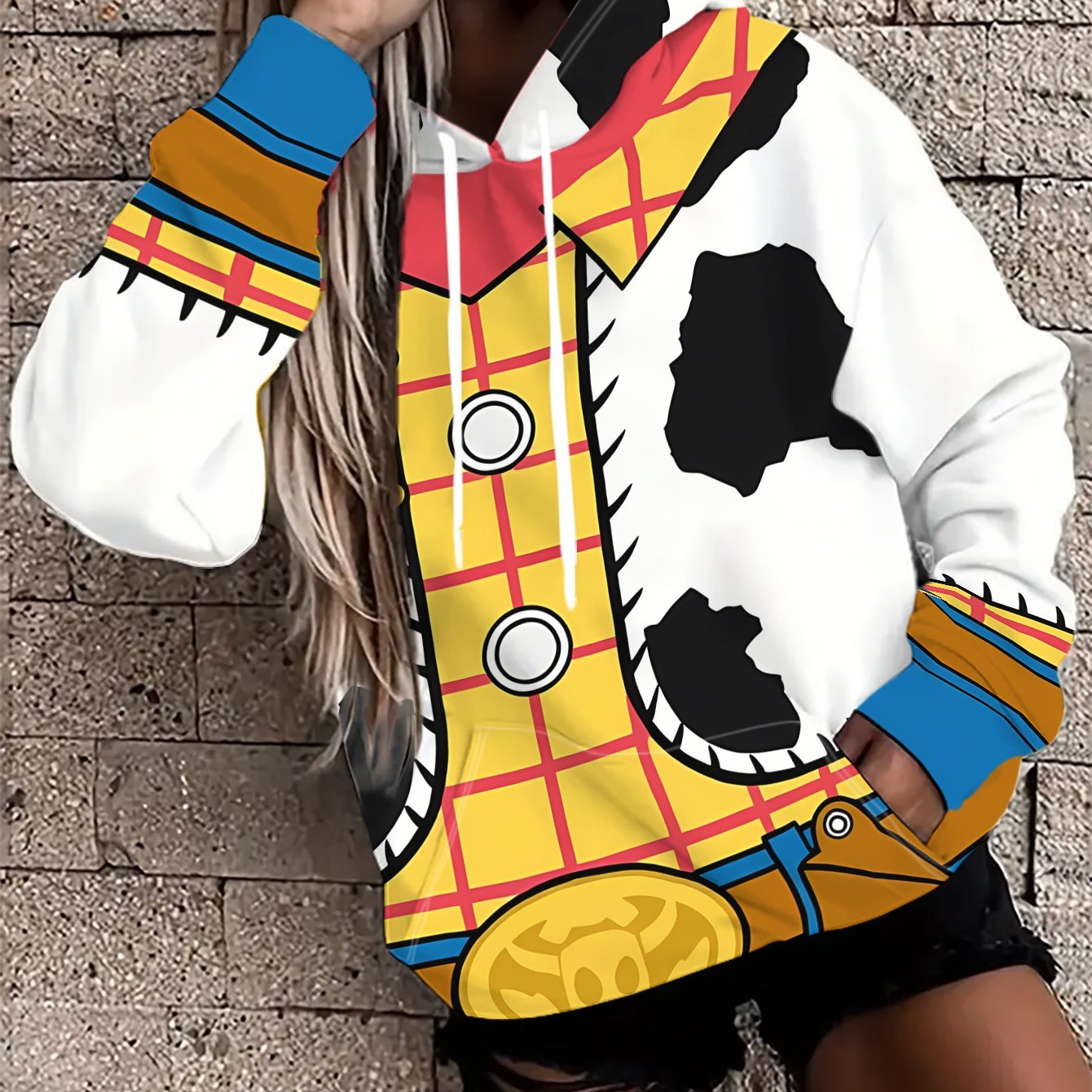 TEMU Women's Cute Casual Hoodie Featuring The Cowboy's Outfit Details, Including A Badge Belt And Holster. Cartoon Style With Design. Machine
