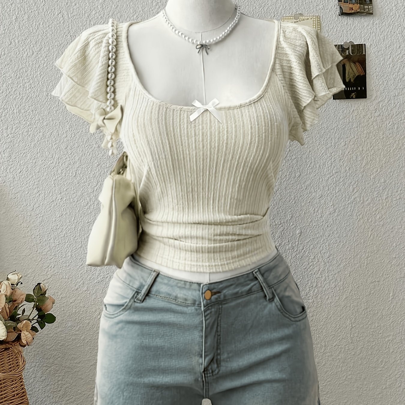 TEMU Women's Textured Elastic Ruffle Sleeve T-shirt